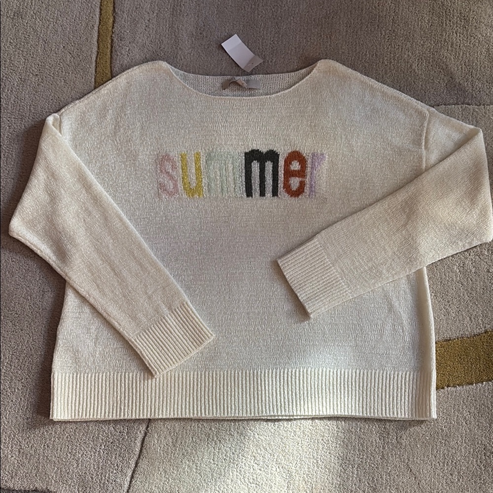 LOFT lightweight Cream Sweater with 'Summer' Design